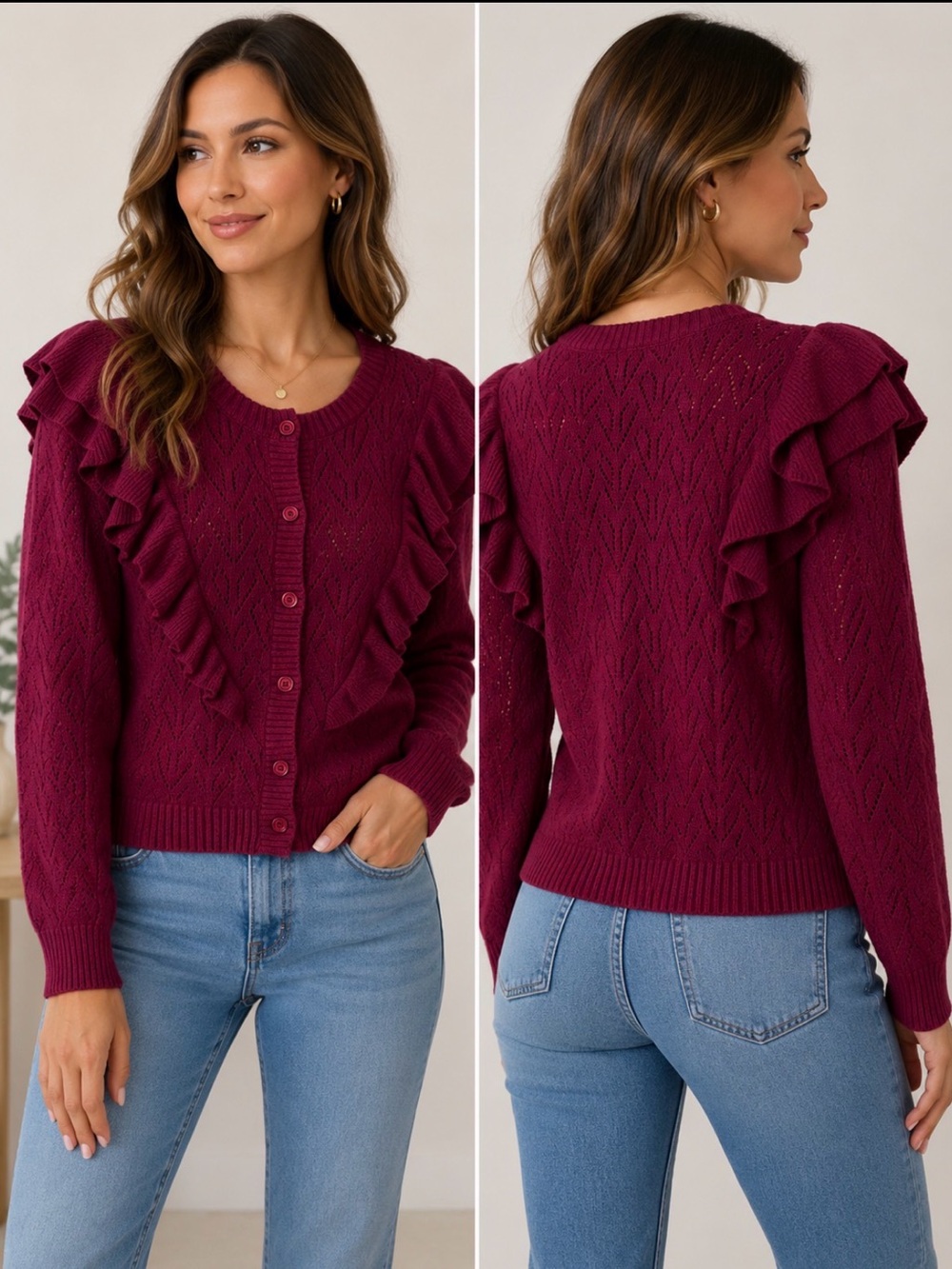 NWT Bagatelle Collection Burgundy Ruffle Pointelle Cardigan XL